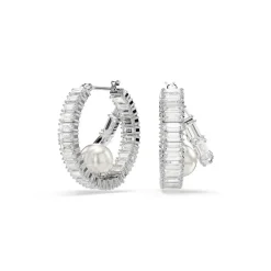 Anneaux d'oreilles Ariana Grande x Swarovski, Crystal Pearl, Taille baguette, Blanches, Métal rhodié