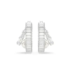 Anneaux d'oreilles Ariana Grande x Swarovski, Crystal Pearl, Taille baguette, Blanches, Métal rhodié