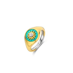 Bague Ti Sento - 12335TQ Argent Doré Forme Chevalière Fond Turquoise Et Soleil