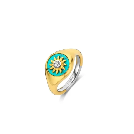 Bague Ti Sento - 12335TQ Argent Doré Forme Chevalière Fond Turquoise Et Soleil