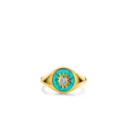 Bague Ti Sento - 12335TQ Argent Doré Forme Chevalière Fond Turquoise Et Soleil