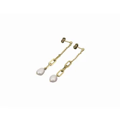 Boucles D'Oreilles Charme Acier Doré Perle D'Eau Douce Et Chaine