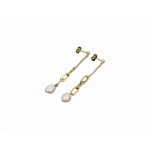 Boucles D'Oreilles Charme Acier Doré Perle D'Eau Douce Et Chaine