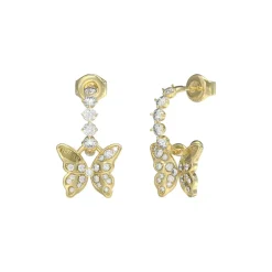 Boucles D'Oreilles Chrysalis Acier Doré Pendantes Et Papillon Pavé De Zircons Cubiques