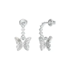Boucles D'Oreilles Chrysalis Acier Rhodié Pendantes Et Papillon Pavé De Zircons Cubiques