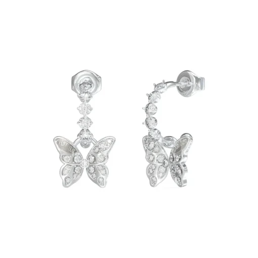 Boucles D'Oreilles Chrysalis Acier Rhodié Pendantes Et Papillon Pavé De Zircons Cubiques