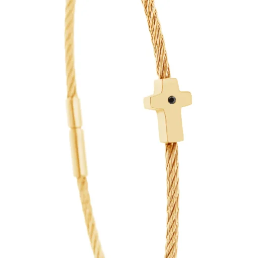 Bracelet acier doré motif croix avec diamant noir 1 mm