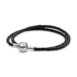Bracelet Double tresse en Cuir Noir Pandora Bijoux