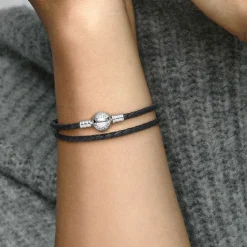 Bracelet Double tresse en Cuir Noir Pandora Bijoux