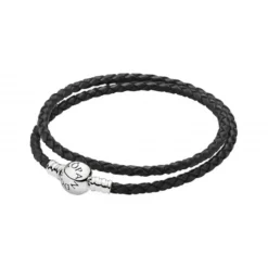 Bracelet Double tresse en Cuir Noir Pandora Bijoux