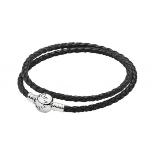 Bracelet Double tresse en Cuir Noir Pandora Bijoux