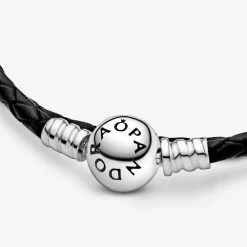 Bracelet Double tresse en Cuir Noir Pandora Bijoux