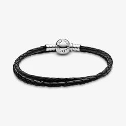 Bracelet Double tresse en Cuir Noir Pandora Bijoux