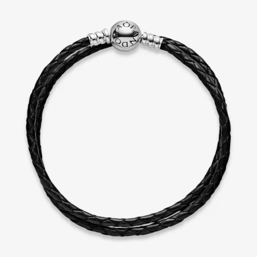 Bracelet Double tresse en Cuir Noir Pandora Bijoux