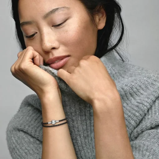 Bracelet Double tresse en Cuir Noir Pandora Bijoux
