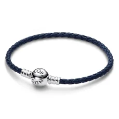 Bracelet en Cuir Tressé Bleu Fermoir Céleste Pandora Moments