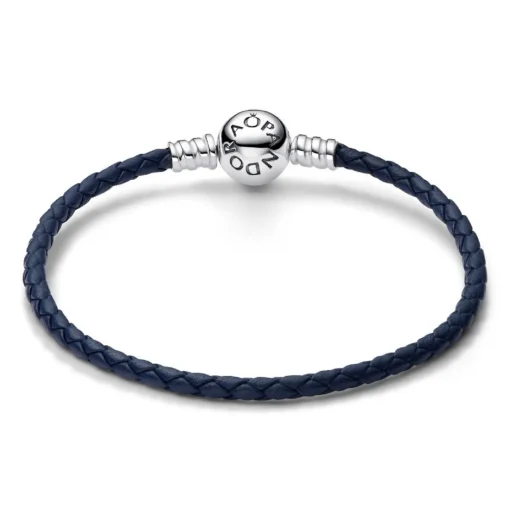 Bracelet en Cuir Tressé Bleu Fermoir Céleste Pandora Moments