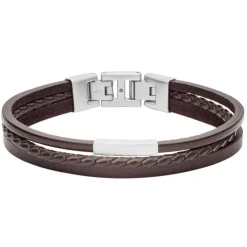 Bracelet Fossil JF03323040 - VINTAGE CASUAL Fermoir Acier Argenté Cuir Marron Homme
