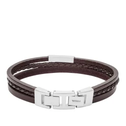 Bracelet Fossil JF03323040 - VINTAGE CASUAL Fermoir Acier Argenté Cuir Marron Homme