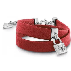 Bracelet Guess UBB85122 - Bracelet Heart Lock Double Tour Cuir rouge Et Pampille Cadenas Pavé Femme
