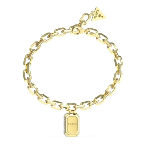 Bracelet Hashtag Guess Acier Doré Maille Gm Et Pampille Cartouche Pavée De Zircons Cubiques