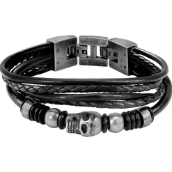 Bracelet Homme ROCHET FURY HB6401 - tete de mort et perles acier vintage sur multiliens cuir noir