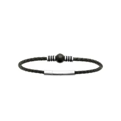 Bracelet Homme acier cuir tressé noir perle agate noire Maison de la Bijouterie 3ZYZ3YYZ