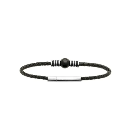 Bracelet Homme acier cuir tressé noir perle agate noire Maison de la Bijouterie 3ZYZ3YYZ