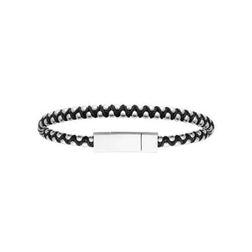 Bracelet Homme acier cuir tressé noir Maison de la Bijouterie 3ZYZYWYZ