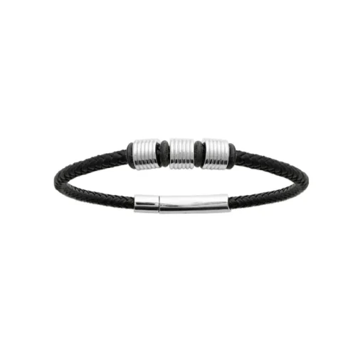 Bracelet Homme acier cuir tressé noir Maison de la Bijouterie 3ZYZY6YZ