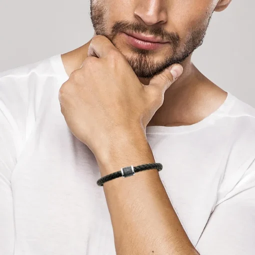 Bracelet Homme acier cuir tressé noir Maison de la Bijouterie 3ZYZ3ZYZ