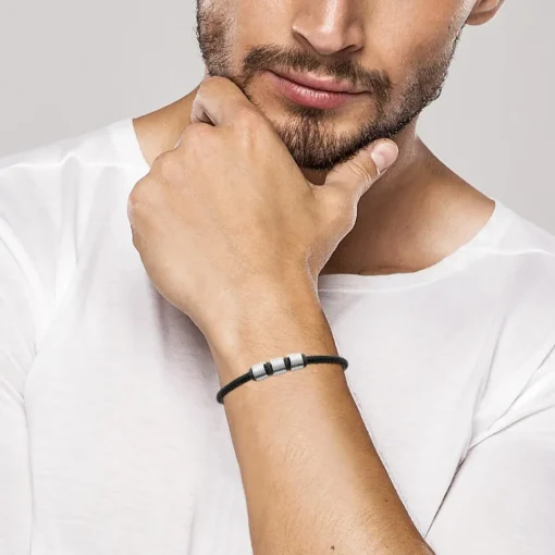 Bracelet Homme acier cuir tressé noir Maison de la Bijouterie 3ZYZY6YZ