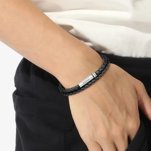 Bracelet Homme Boss Bijoux Ares 1580489 - Cuir, Acier Noir
