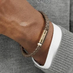 Bracelet Homme Boss Bijoux Ares - 1580670M Acier, Cuir Marron, Doré
