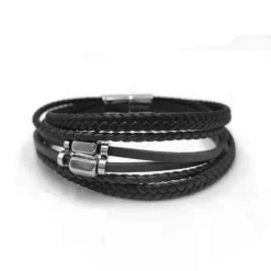 Bracelet Redskins Bijoux 285605 - Homme Noir en Cuir Tressé et en Perles d'Acier Plates et Allongées