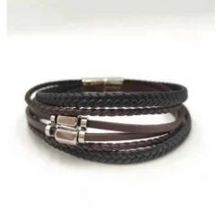 Bracelet Redskins Bijoux 285606 - Homme Noir et Marron en Cuir Tressé et Acier - Perles Plates et Allongées