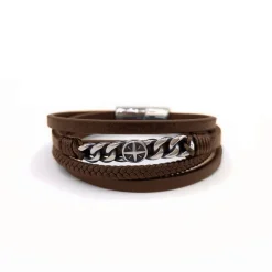 Bracelet Redskins Bijoux 285603 - Homme Marron en Cuir Tressé et Acier - Chaînette Gourmette et Rose des Vents
