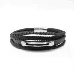 Bracelet Redskins Bijoux 285600 - Homme Noir Multi Rangs en Cuir Tressé et Acier - Plaque Fendue