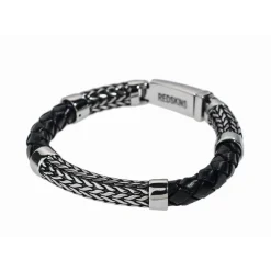 Bracelet Redskins Bijoux 285527 - Homme en Cuir Tressé Épais et Acier- Gravure Feuillage