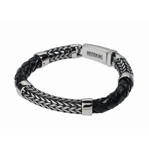 Bracelet Redskins Bijoux 285527 - Homme en Cuir Tressé Épais et Acier- Gravure Feuillage