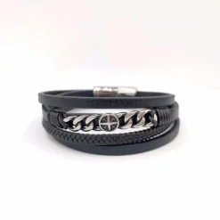 Bracelet Redskins Bijoux 285602 - Homme Noir en Cuir Tressé et Acier - Chaînettes Gourmette et Rose des Vents