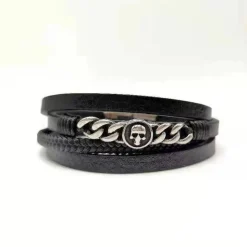 Bracelet Redskins Bijoux 285607 - Homme Noir en Cuir Tressé et Acier - Chaînette Gourmette et Tête de Mort