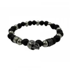 Bracelet Redskins Bijoux 285530 - Homme en Perles de Lave Onyx Noir et Acier - Tête de Mort