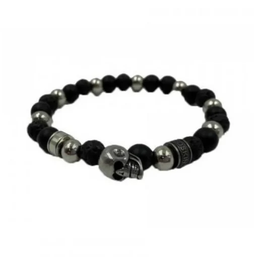 Bracelet Redskins Bijoux 285530 - Homme en Perles de Lave Onyx Noir et Acier - Tête de Mort