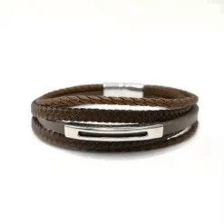 Bracelet Redskins Bijoux 285601 - Homme Marron en Cuir Tressé et Acier - Plaque Fendue