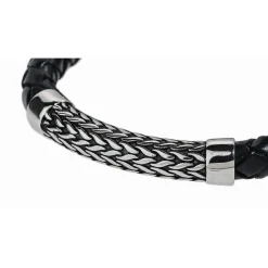 Bracelet Redskins Bijoux 285527 - Homme en Cuir Tressé Épais et Acier- Gravure Feuillage