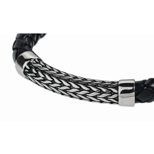 Bracelet Redskins Bijoux 285527 - Homme en Cuir Tressé Épais et Acier- Gravure Feuillage