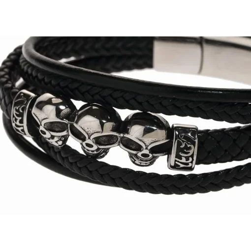 Bracelet Redskins Bijoux 285509 - Homme en Cuir Tressé et Acier Têtes de Mort