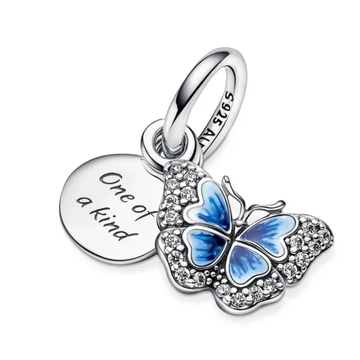 Charm double pendant Pandora Moments Papillon bleu scintillant & Citation