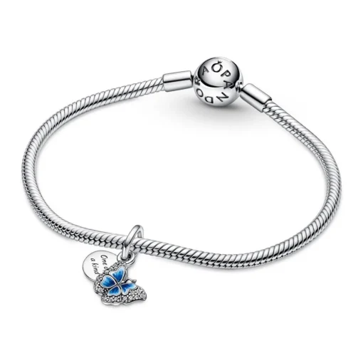 Charm double pendant Pandora Moments Papillon bleu scintillant & Citation